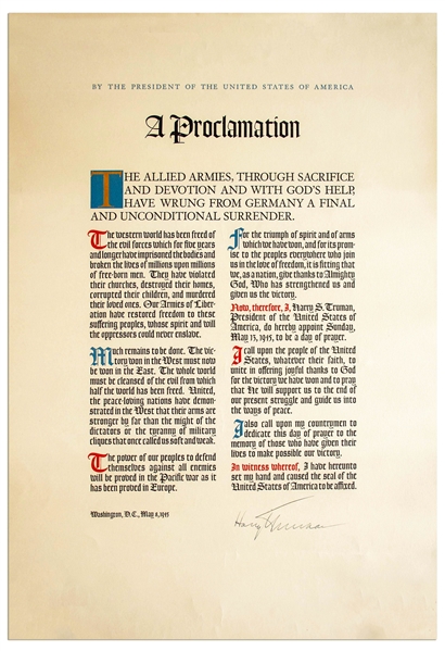 Rare Harry Truman WWII Victory Proclamation Signed as President -- Gifted to White House Staff in 1945 -- Near Fine Condition